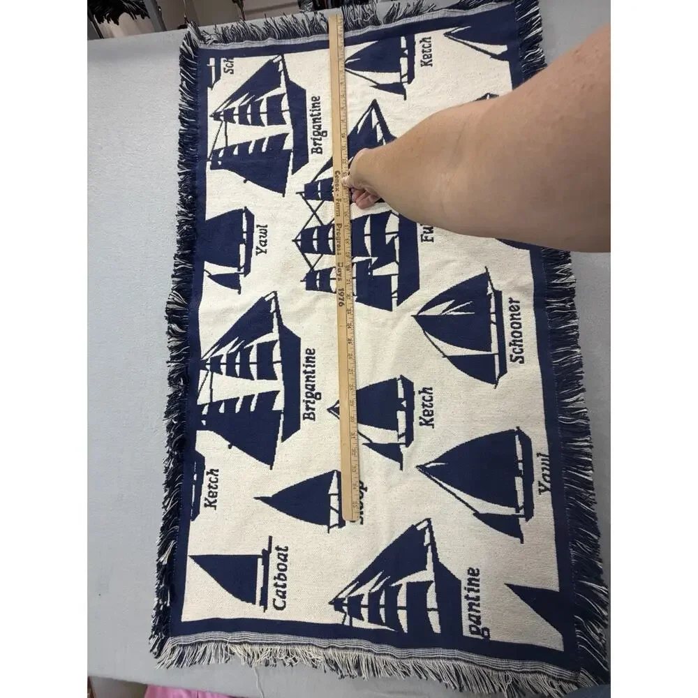 Nautical Sailboat Woven Throw Blanket Navy Blue Maritime Sailing Fringe Tapestry